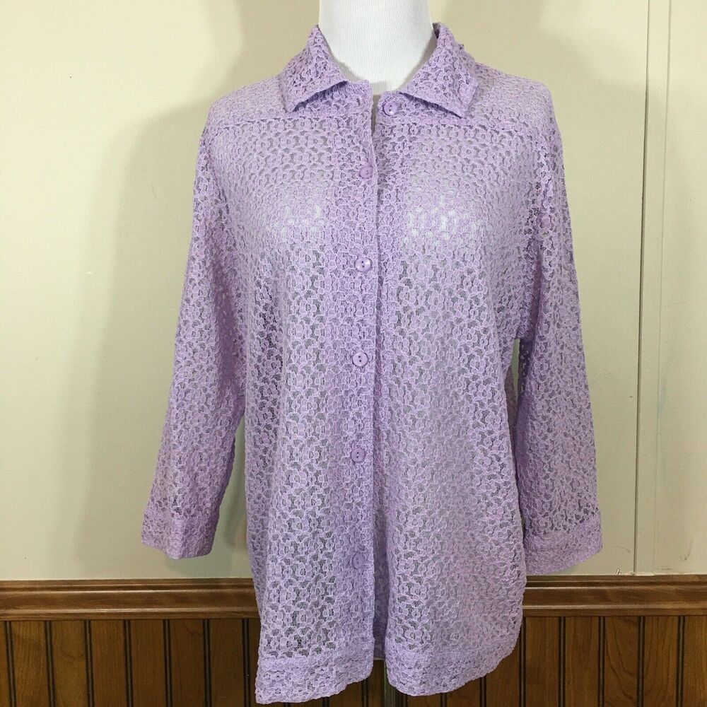 Bon Worth See Through Lace Blouse Button Front Purple 3/4 Sleeve Medium M